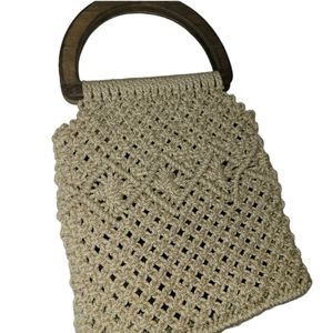 Vintage Crochet Boho Handbag Purse Wooden Handles Bohemian Bag Coastal